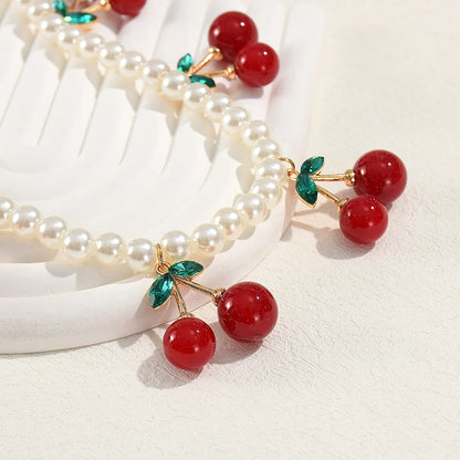 Cute Imitation Pearl Cherry Choker Necklaces for Women Girls Vintage Red Fruit Pendant Necklaces Fashion Jewelry Gifts