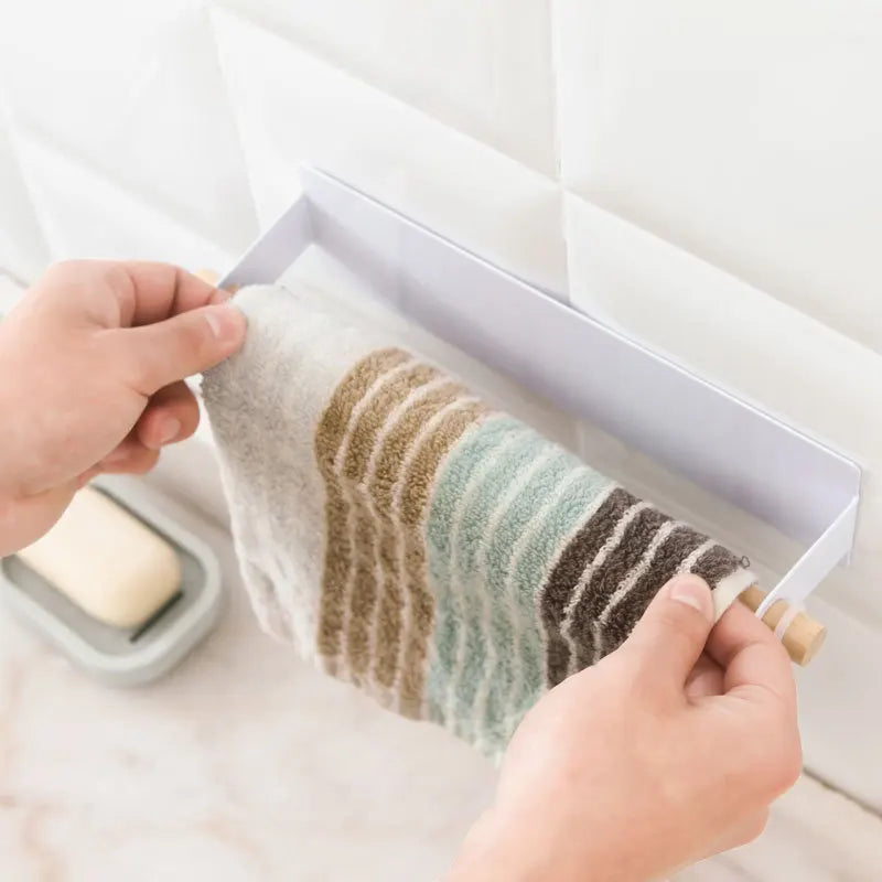 Bathroom Accoessories Wood Towel Storage Rack Bar Kitchen Adhesive Roll  Paper Holder Cabinet Cling Film Rag Hanging Holder