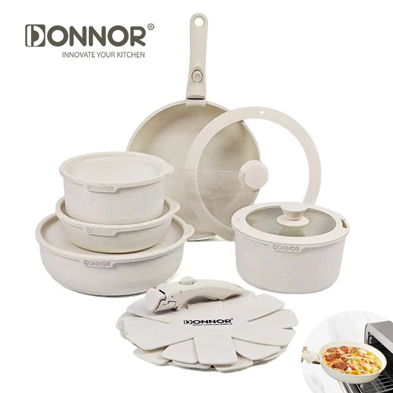 DONNOR Kitchen Pots and Pans Set Safe Nonstick Kitchen Cookware with Removable Handle Cookware Set Oven Safe