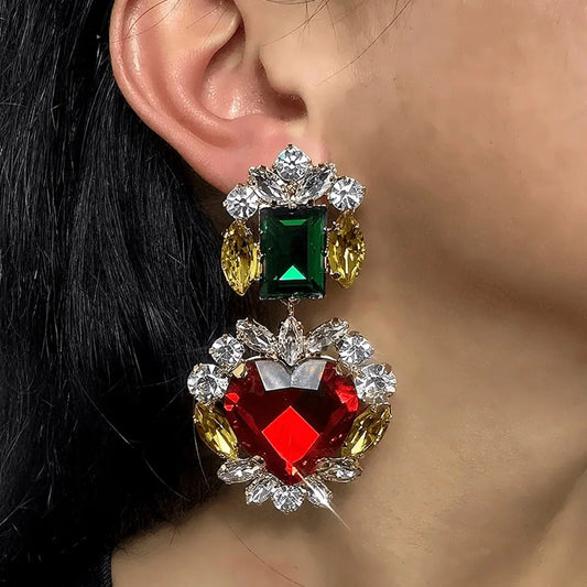 Stonefans Greeen and Red Crystal Heart Dangle Earrings for Women Statement Large Earrings Multicolour Bridal Wedding Ear Jewelry