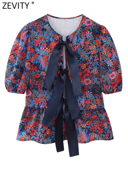 Zevity Women Fashion O Neck Puff Sleeve Floral Print Casual Blouse Office Lady Bow Tied Shirt Chic Chemise Blusas Tops LS263