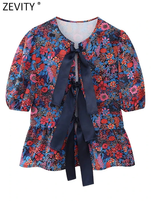 Zevity Women Fashion O Neck Puff Sleeve Floral Print Casual Blouse Office Lady Bow Tied Shirt Chic Chemise Blusas Tops LS263