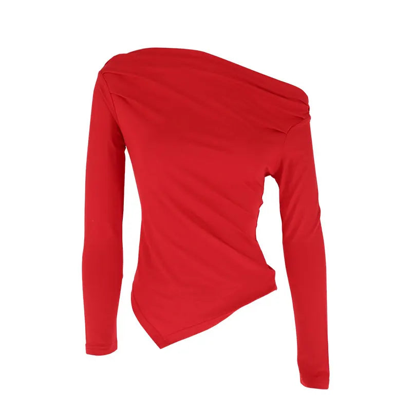 Women's T-shirt Autumn New Red Sexy Off Shoulder Slim Tees Long Sleeves Fashion Streetwear Pullover Asymmetrical Female T-shirt