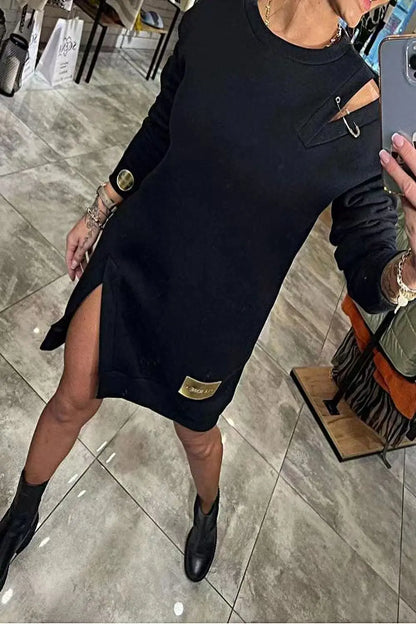 Fashion Off Shouder Metal Buckle Sweatshirt Dress Women New Solid Long Sleeve Hem Split Mini Dresses 2024 Autumn Trendy Dress