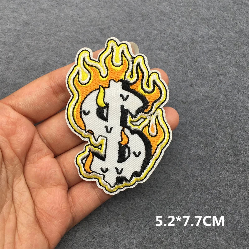 Flame Heart Patch Iron On Patches On Clothes Punk Stickers Embroidered Patches For Clothing Badge DIY