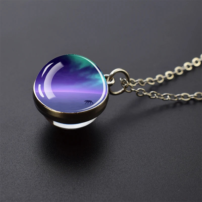 Aurora Borealis Necklaces Polar Light Life Tree Two Sided Pattern Glass Ball Pendant Chains Necklace for Women Men Jewelry Gift