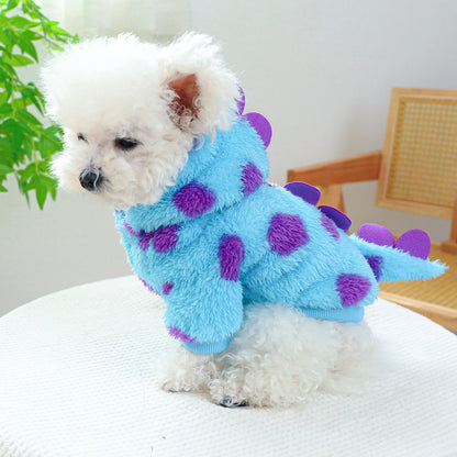 1PC Pet Clothing Dog Cat Autumn and Winter Thickened Warm Blue Dinosaur Hooded Coat With Drawstring Buckle For Small Medium Dogs