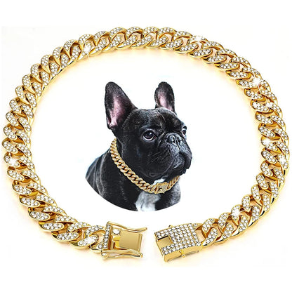 Luxury Gold Dog Chain Collar Cuban Chain Link Choke Collar for Small Medium Large Dogs, Pet Necklace Jewelry Crystal Accessories