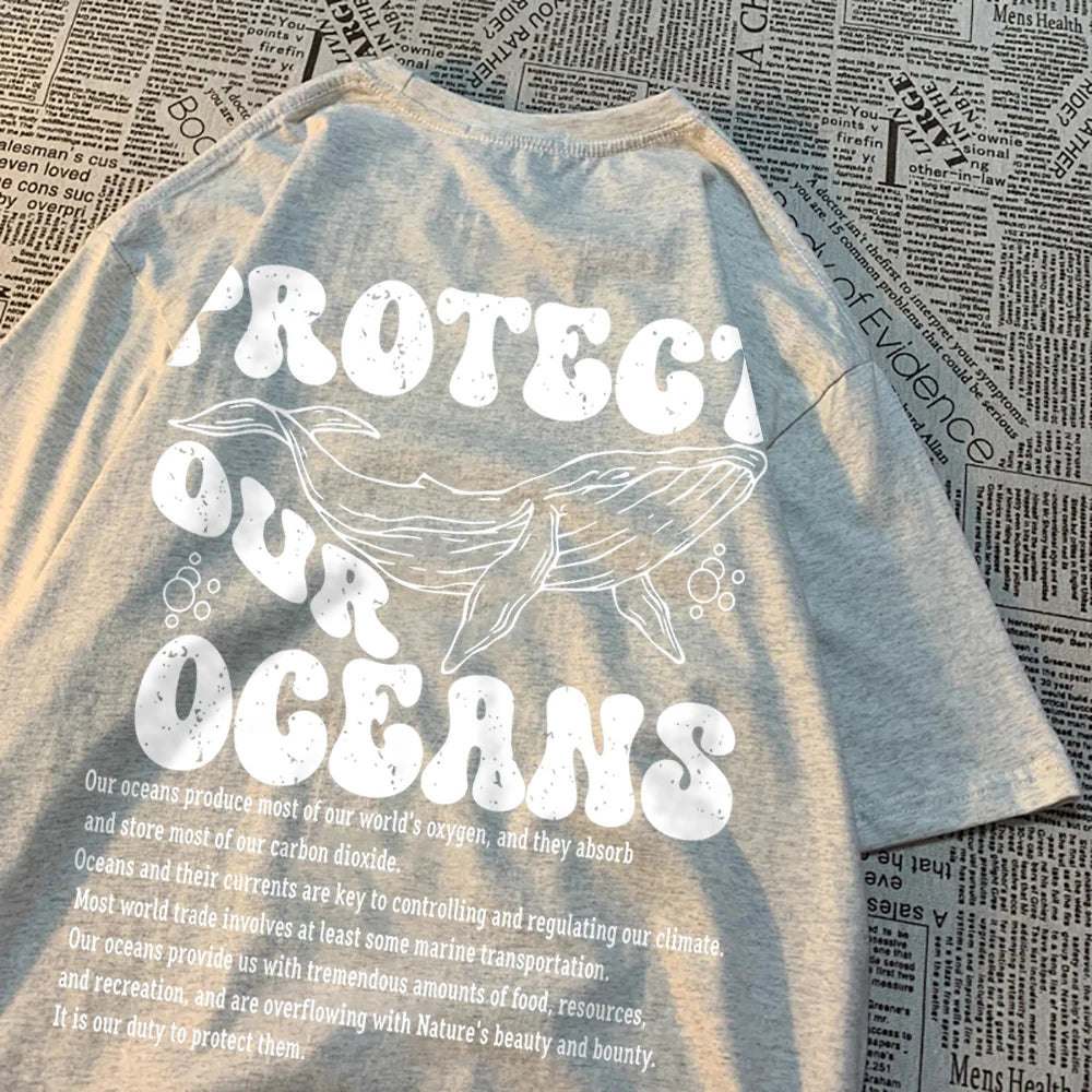 Protect Our Oceans Whale Landing Clothing Men Summer New T-Shirts Vintage Loose Half Sleeves Personality Oversize T-Shirts Women