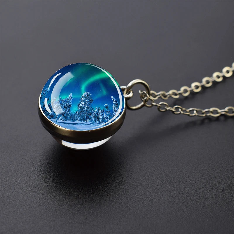 Aurora Borealis Necklaces Polar Light Life Tree Two Sided Pattern Glass Ball Pendant Chains Necklace for Women Men Jewelry Gift