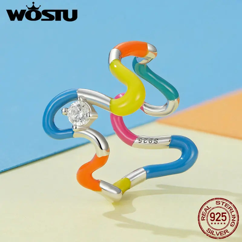 WOSTU Solid 925 Sterling Silver Rainbow Wave Rings For Women Candy-colored irregular Twist Ring Party Jewelry Bithday Gift