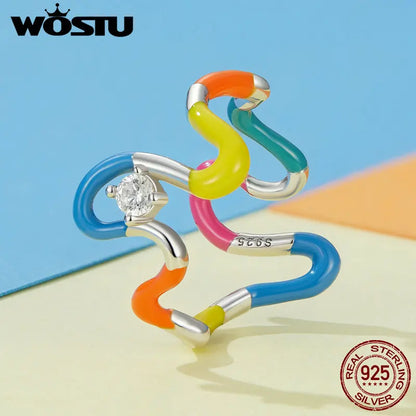 WOSTU Solid 925 Sterling Silver Rainbow Wave Rings For Women Candy-colored irregular Twist Ring Party Jewelry Bithday Gift