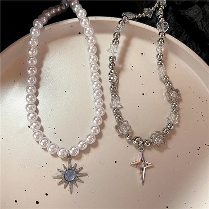 Gothic Y2k Punk Fashion Vintage Sun Star Pendant Clavicle Chain Pearl Choker Necklace For Women Men Charms Grunge EMO Jewelry