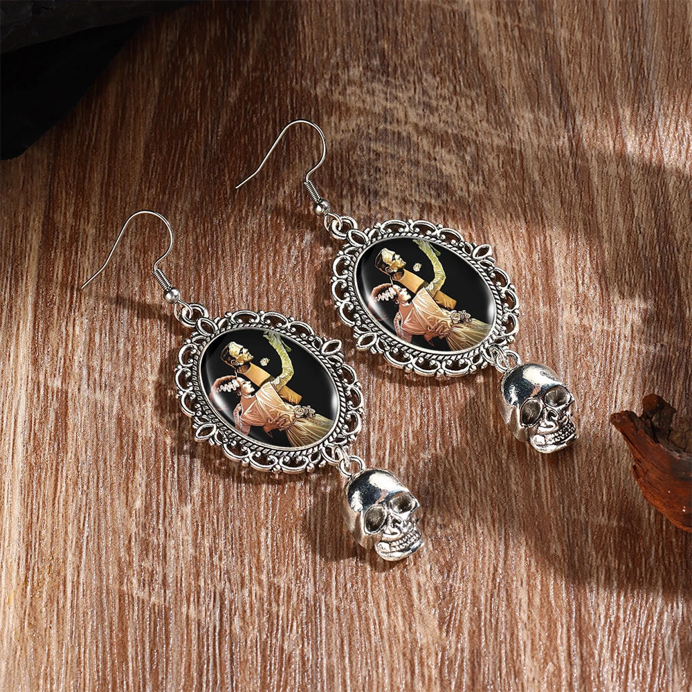 2024 New Arrival Fashion Halloween Frankenstein and His Bride Fish Hook Earrings Handmade Skeleton Dangles