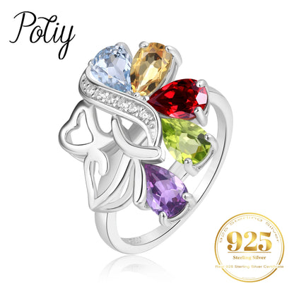 Potiy Natural Pear Citrine Peridot Amethyst Garnet Sky Blue Topaz Rings 925 Sterling Silver Women Daily Party Wedding Jewelry