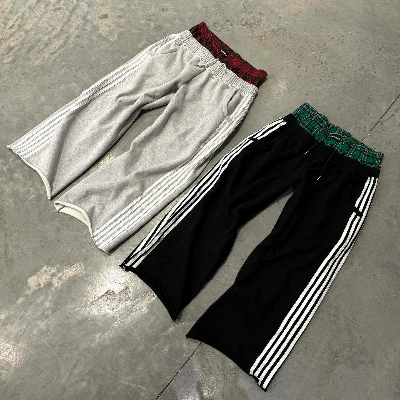 Y2K Casual Sweatpants Double Waist Checkered Camouflage Striped Side Splicing Wide Leg Pants American Style Trendy Streetwear