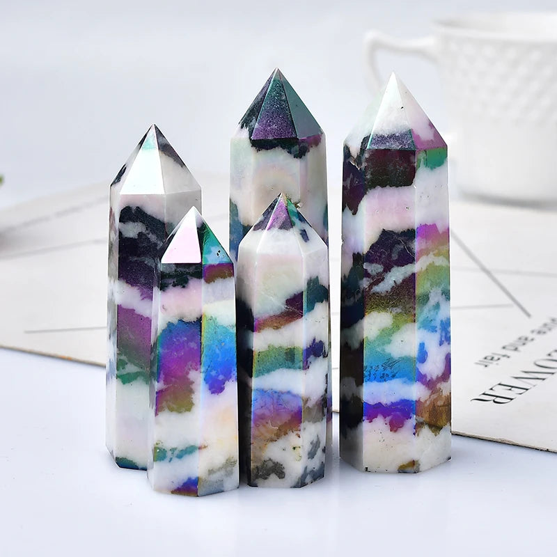 Natural Aura Stone Crystal Point Healing Obelisk Black and White Zebra Quartz Wand Beautiful Ornament for Home Decor Pyramid