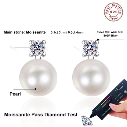 NeeTim 0.1ct 0.3ct Moissanite Pearl Earrings Women S925 Sterling Silver with White Gold Plated Wedding Party Designer Earring