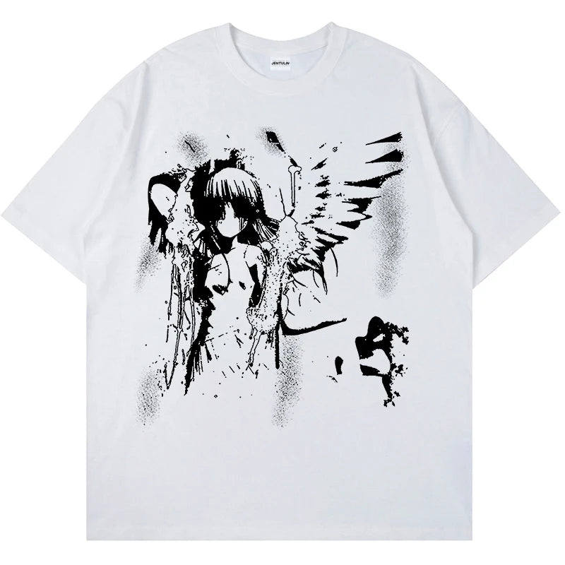 Harajuku Goth Men Japanese Anime Tshirt Cartoon Angel Wings Graphic T-Shirt 2024 Hipster Clothing Cotton Y2K Tops Streetwear Tee