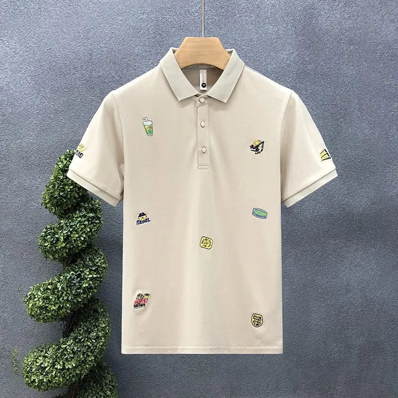 Men's Clothing Patchwork Printing Office Simplicity Man Turn-down Collar Pullovers Short Sleeve Button Business Casual T-Shirts