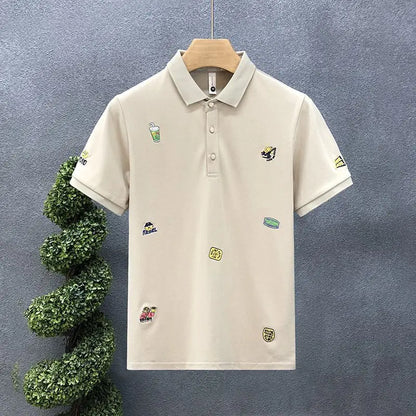 Men's Clothing Patchwork Printing Office Simplicity Man Turn-down Collar Pullovers Short Sleeve Button Business Casual T-Shirts