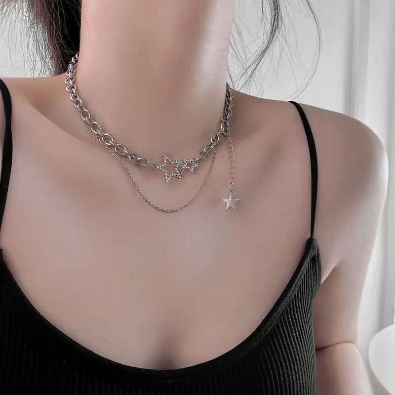 Silver Color Double-layer Star Choker Necklace Personalized Inlaid Rhinestone Hollow Clavicle Chain Necklaces For Women Men