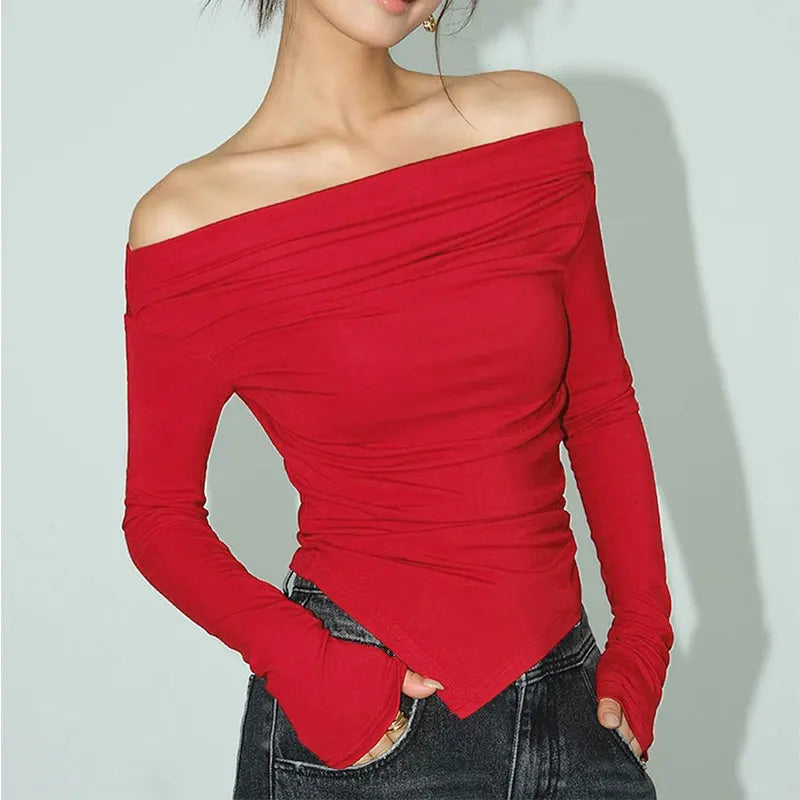 Women's T-shirt Autumn New Red Sexy Off Shoulder Slim Tees Long Sleeves Fashion Streetwear Pullover Asymmetrical Female T-shirt