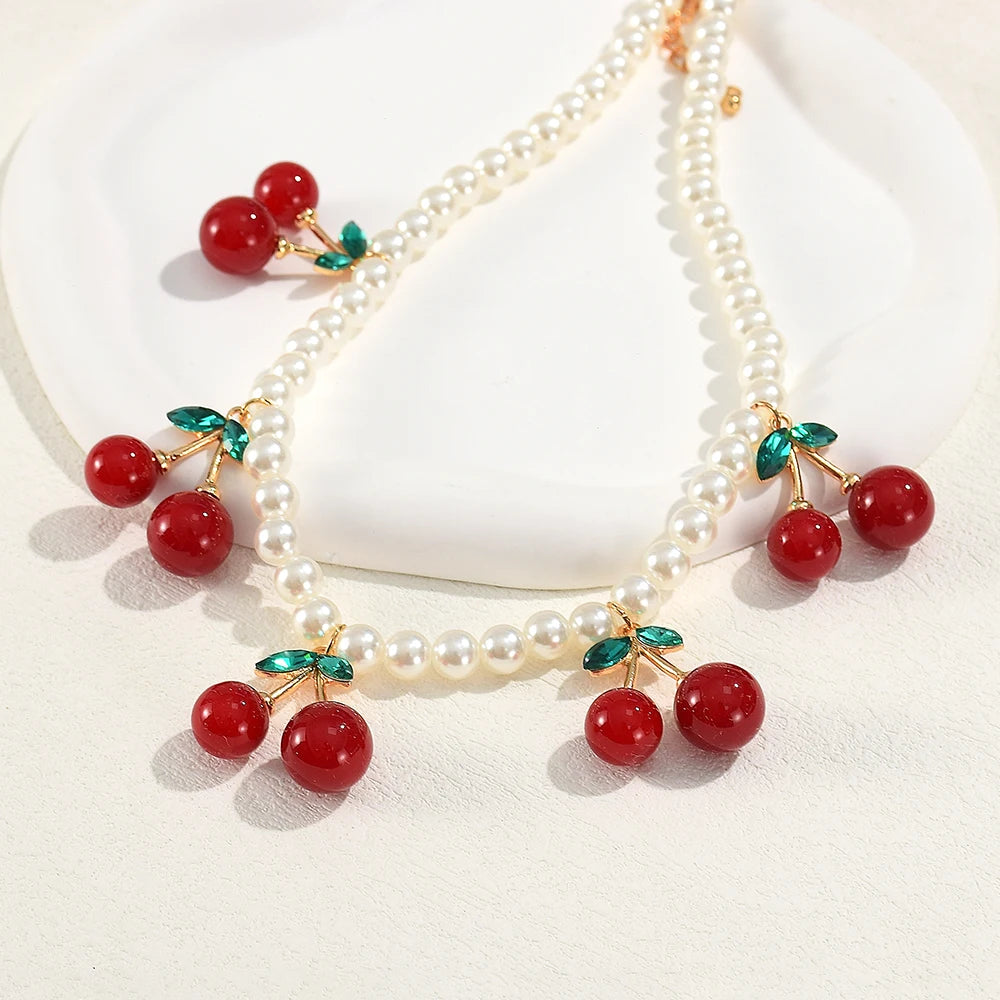 Cute Imitation Pearl Cherry Choker Necklaces for Women Girls Vintage Red Fruit Pendant Necklaces Fashion Jewelry Gifts