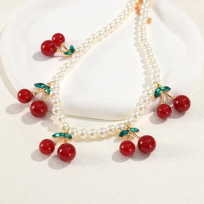 Cute Imitation Pearl Cherry Choker Necklaces for Women Girls Vintage Red Fruit Pendant Necklaces Fashion Jewelry Gifts