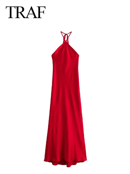 TRAF 2023 New Women's Fashion Chic Long Dresses Red Sleeveless Backless Lace-Up Female Vintage Slim Dresses For Evening Party