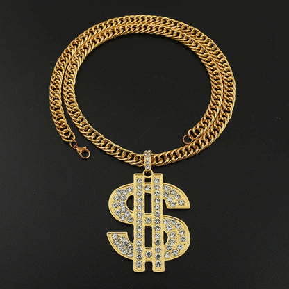 Gold Color Hip Hop Iced Out Crystal Dollar Sign Pendant Necklaces for Men Boys 10mm Width Chunky Chain Party Bar Accessory Gifts