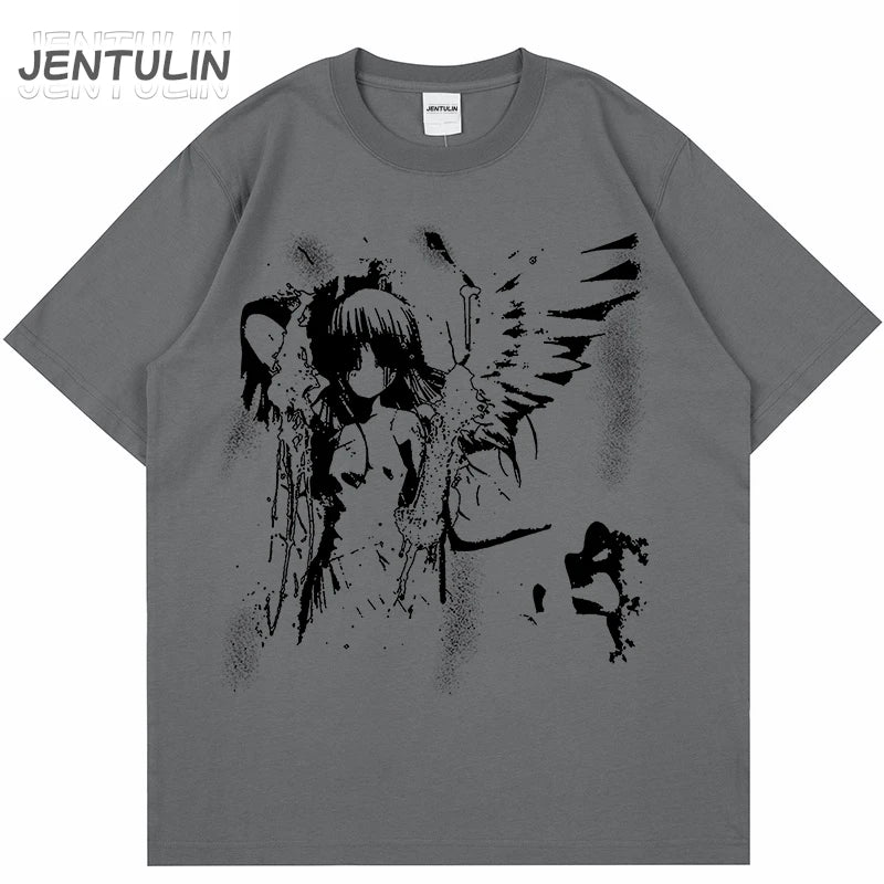 Harajuku Goth Men Japanese Anime Tshirt Cartoon Angel Wings Graphic T-Shirt 2024 Hipster Clothing Cotton Y2K Tops Streetwear Tee