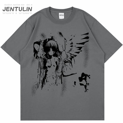 Harajuku Goth Men Japanese Anime Tshirt Cartoon Angel Wings Graphic T-Shirt 2024 Hipster Clothing Cotton Y2K Tops Streetwear Tee