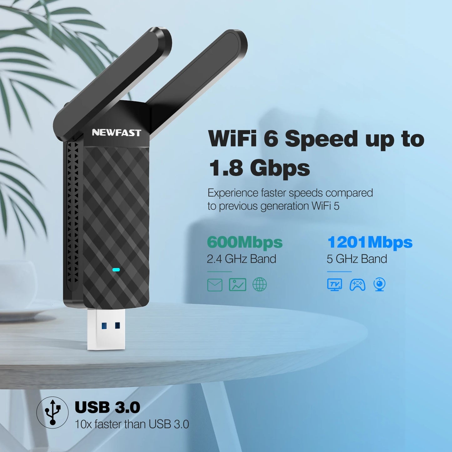 NEWFAST AX1800 WiFi6 Adapter 2.4G/5Ghz USB Wifi Dongle Wireless Network Card 2 Antennas For Desktop Laptop Win10/11 Linux