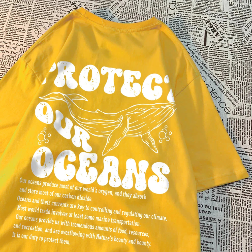 Protect Our Oceans Whale Landing Clothing Men Summer New T-Shirts Vintage Loose Half Sleeves Personality Oversize T-Shirts Women