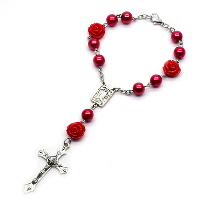 QIGO Glass Pearl Rosary Bracelets Resin Rose Flower Cross Religous Jewelry