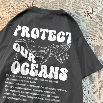 Protect Our Oceans Whale Landing Clothing Men Summer New T-Shirts Vintage Loose Half Sleeves Personality Oversize T-Shirts Women