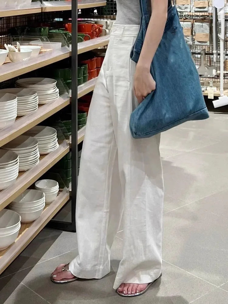 Early Spring New Style White Cotton Linen Wide Leg Pants High Waist Drooping Slimming Straight Casual Pants Women's Clothing