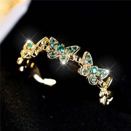 Cute Female Small Green Butterfly Adjustable Ring Vintage Yellow Gold Color Engagement Wedding Jewelry For Women