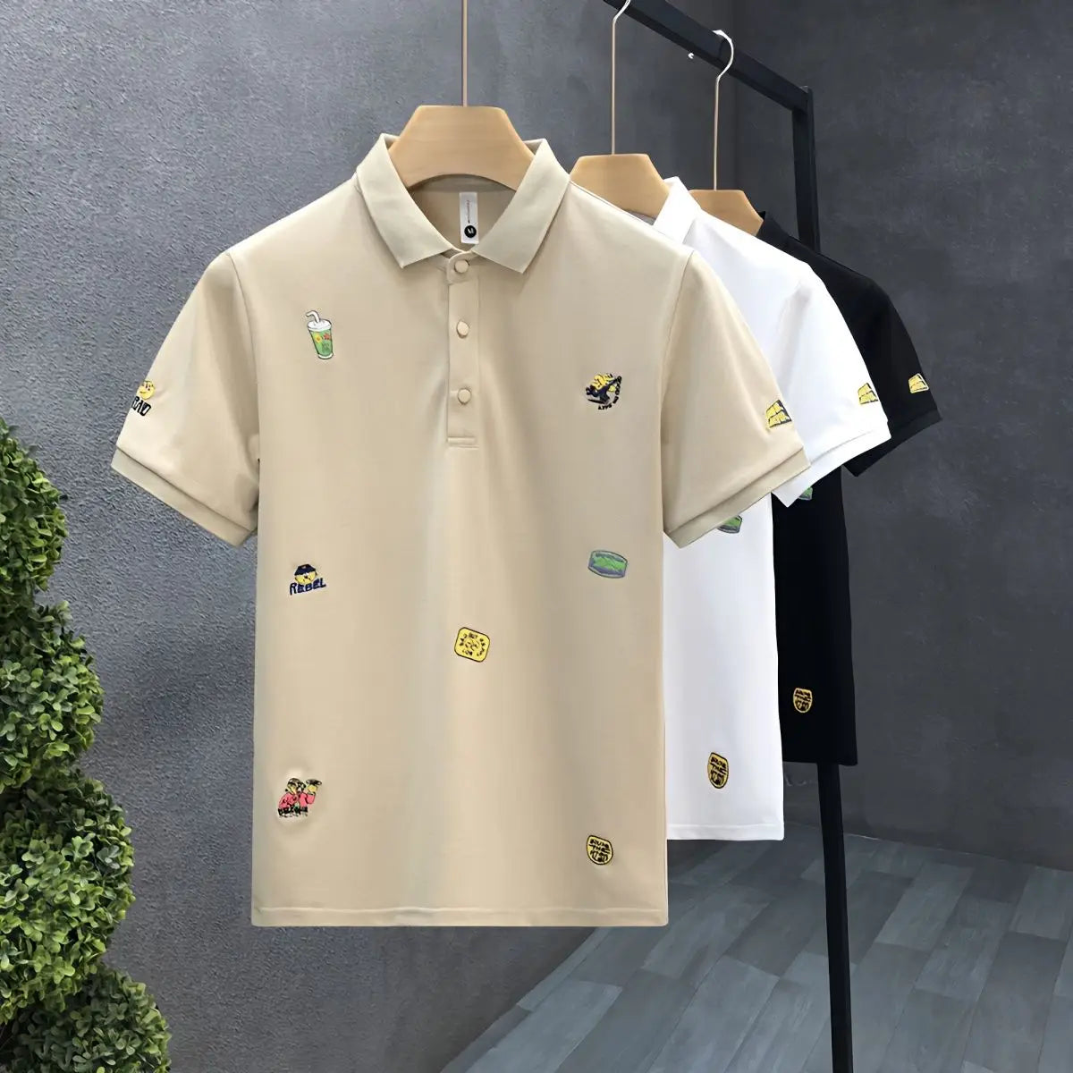 Men's Clothing Patchwork Printing Office Simplicity Man Turn-down Collar Pullovers Short Sleeve Button Business Casual T-Shirts