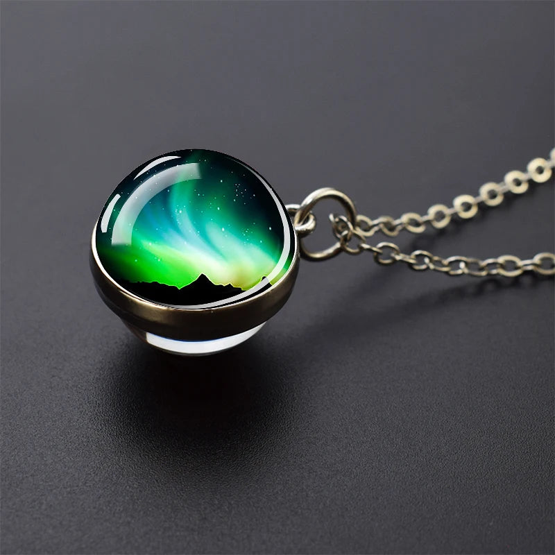 Aurora Borealis Necklaces Polar Light Life Tree Two Sided Pattern Glass Ball Pendant Chains Necklace for Women Men Jewelry Gift