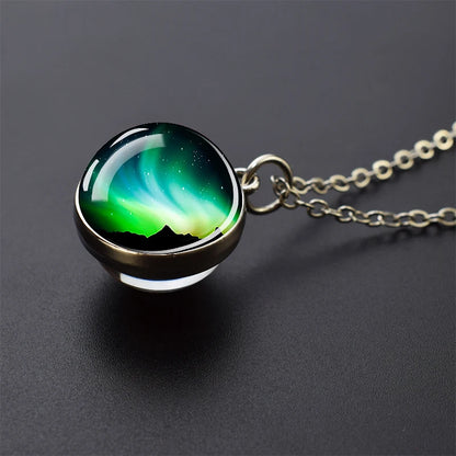 Aurora Borealis Necklaces Polar Light Life Tree Two Sided Pattern Glass Ball Pendant Chains Necklace for Women Men Jewelry Gift