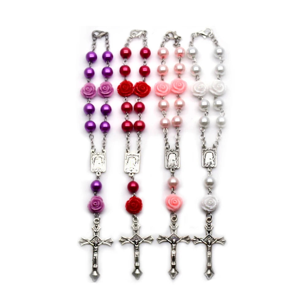 QIGO Glass Pearl Rosary Bracelets Resin Rose Flower Cross Religous Jewelry