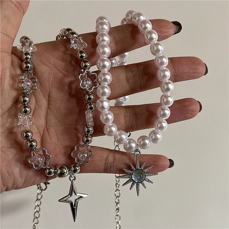 Gothic Y2k Punk Fashion Vintage Sun Star Pendant Clavicle Chain Pearl Choker Necklace For Women Men Charms Grunge EMO Jewelry