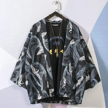 Prowow Spring Men Loose Hong Kong Style 3/4 Sleeve Kimono Traditional Male Kimono Cardigan Men Harajuku Streetwear Male