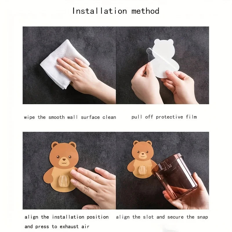 2pcs Cute Bear Pattern Wall Mounted Toothbrush Storage Rack Bathroom Multifunctional Toothbrush Container Bathroom Accessories