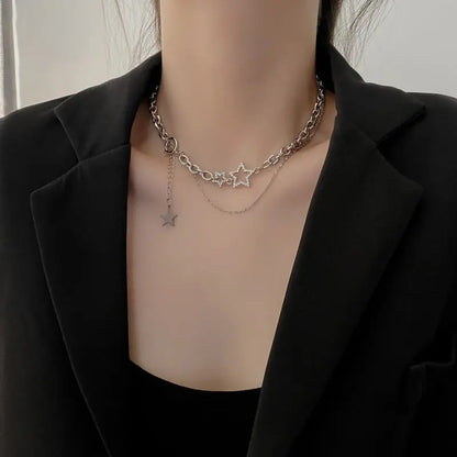 Silver Color Double-layer Star Choker Necklace Personalized Inlaid Rhinestone Hollow Clavicle Chain Necklaces For Women Men