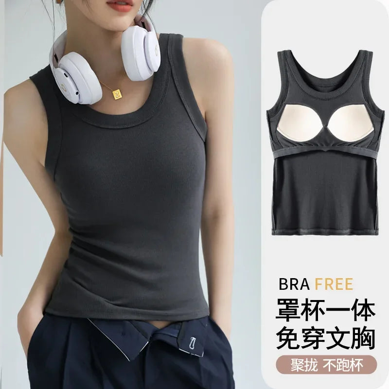 2024 New Women Solid Round Neck Ribbed Tank Top Camisole Women Summer Basic Elastic TankTop One-piece Vest with Chest Pad Y2k