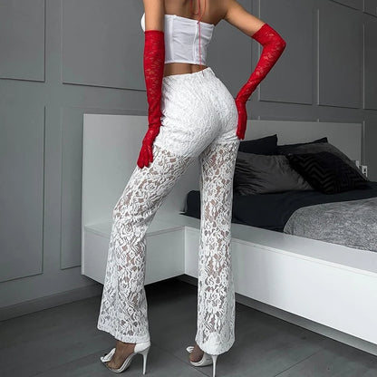 Women's Sexy Hot Girl High Waisted Wide Leg Pants Elastic Waist Lace Spliced Hollow Straight Pants