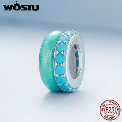 WOSTU 925 Sterling Silver Blue Pink Purple silica Spacer Bead Candy Charms With Shiny Zircon Fit Original Bracelet DIY Necklace